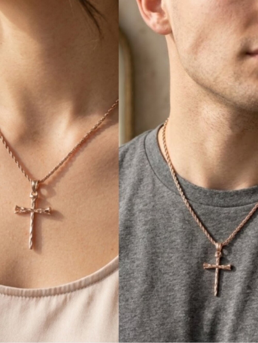 14KT Rope Chain with Gold Nail Cross Pendant Unisex Necklace